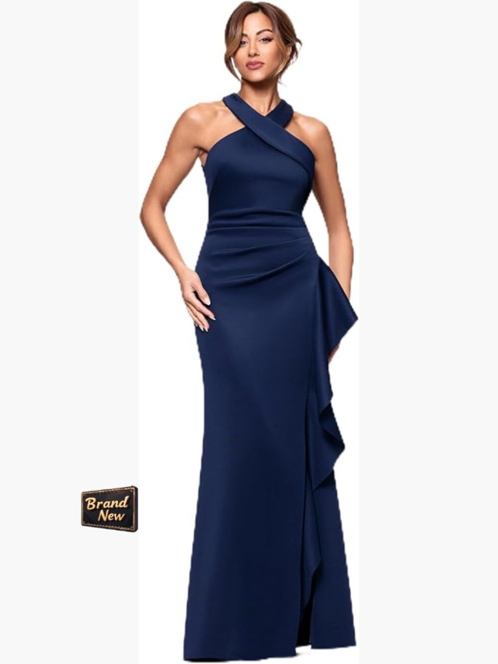 Techno Scuba Criss Cross Halter Neck Ruffle Floor Length Dress